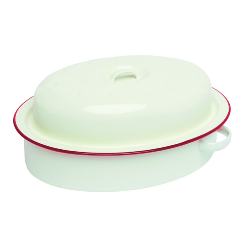 Enamel Oval Roaster with lid and red rim 3L